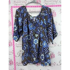 Blue Sky blouse flowers grey Brown Tunic with Blue Floral Print